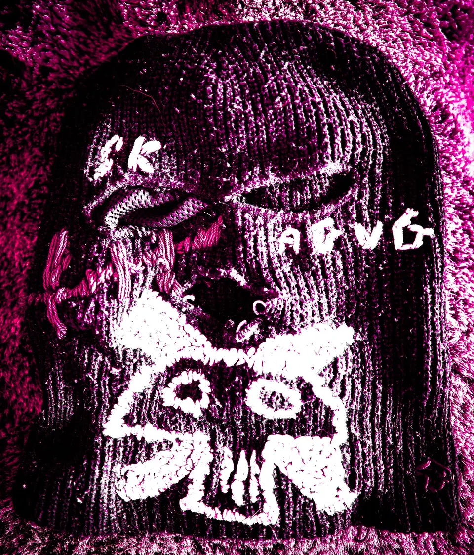 Ski mask Nº 3, magenta filter: embroidered white skull and SK, AGVG lettering